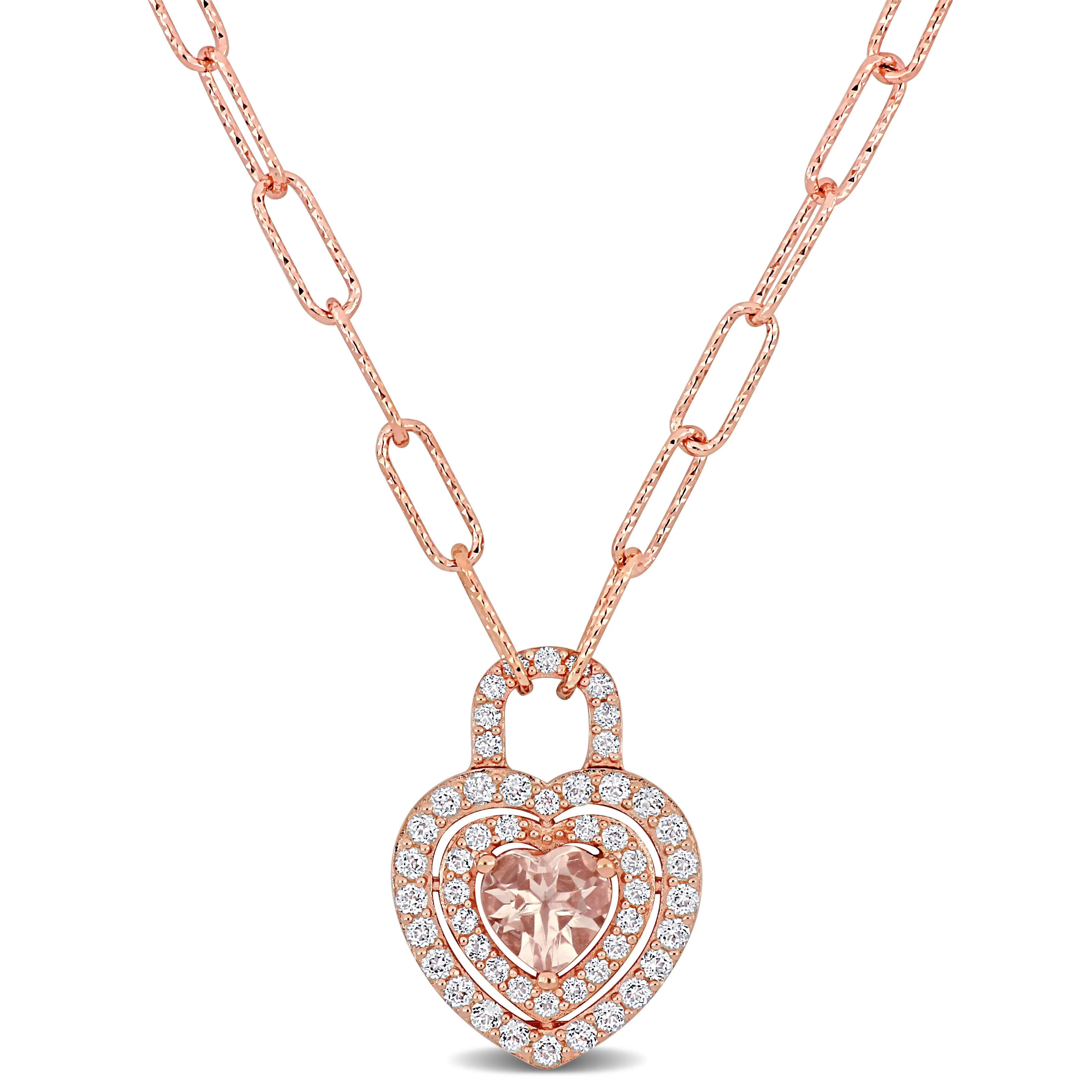 1 5/8 CT TGW Morganite and White Topaz Halo Heart Pendant in 18k Rose Gold Plated Sterling Silver