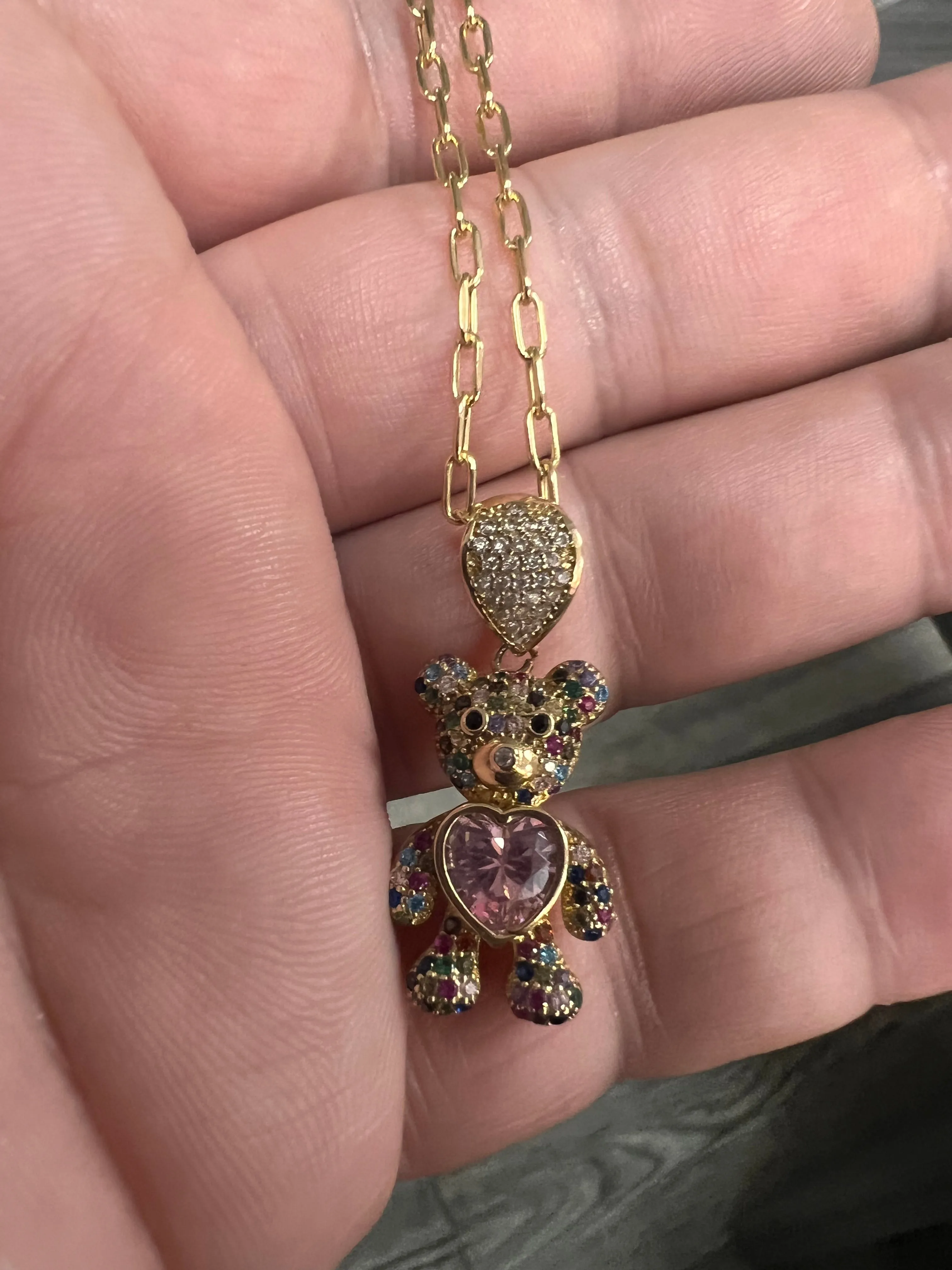 10K Yellow Gold Pink Teddy Bear Charm choker paper clip-62991