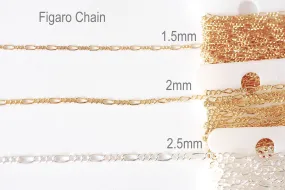 14k Gold Filled 1.5 or 2mm Width Figaro Chain - Chain by foot Unfinished Chain Bulk Wholesale 3   1 Links Figaro Sterling Silver 14GF