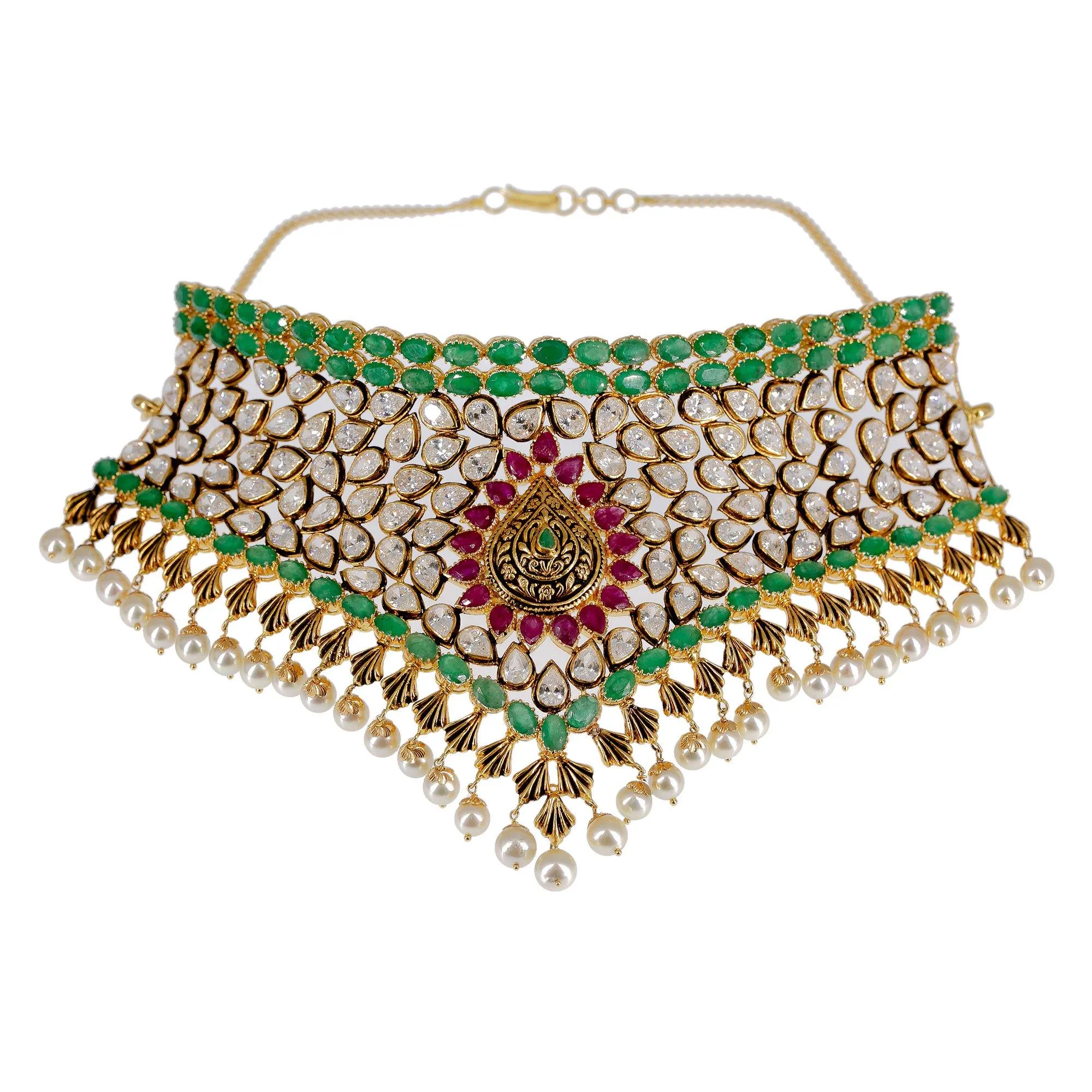 22K Yellow Gold Choker Set W/ Precious Emeralds, Rubies, CZ Gemstones & Hanging Pearls