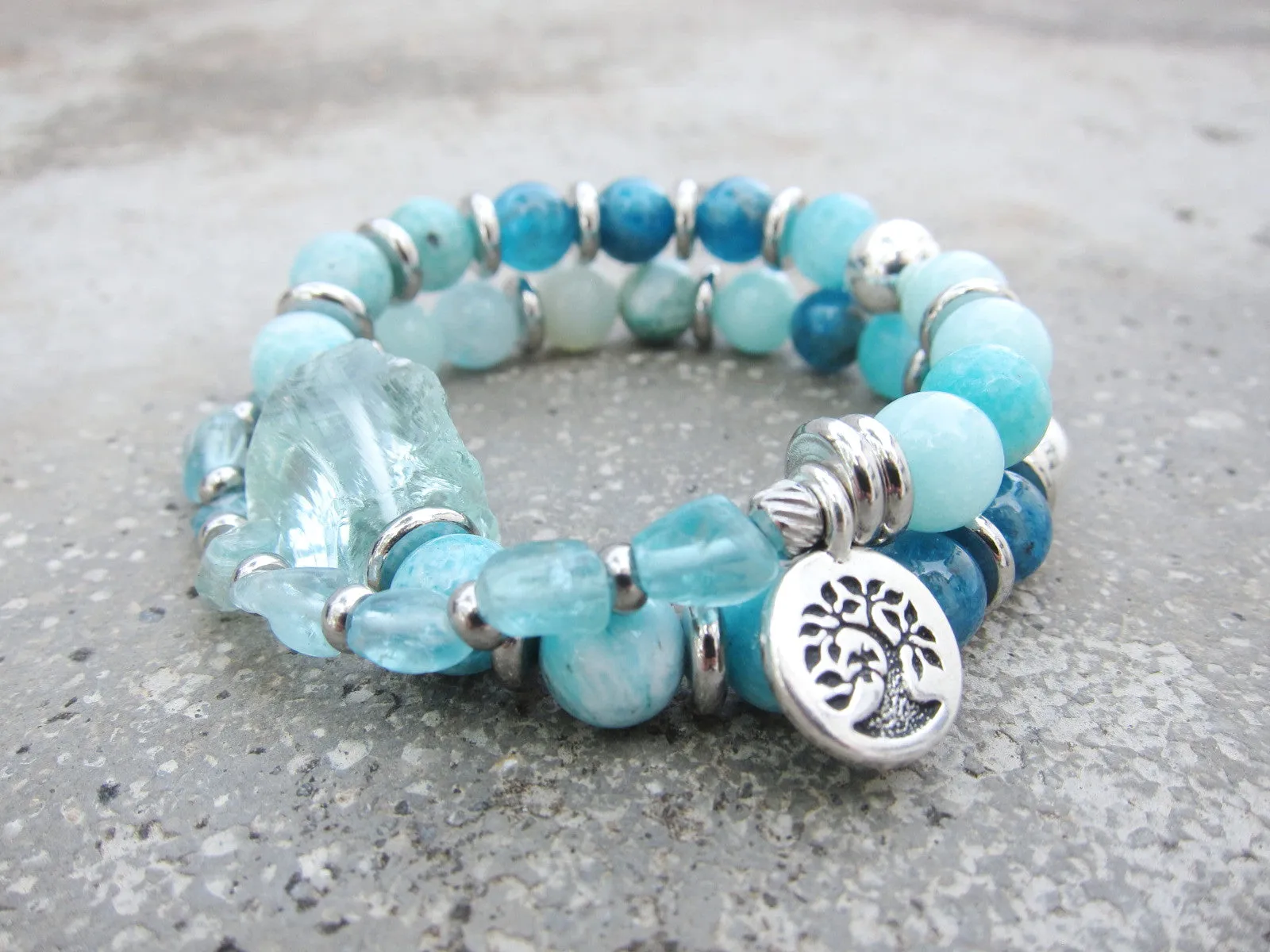 27 Beads in Natural Teal Blue Hemimorphite, Apatite   Blue Quartz Mala Bracelet