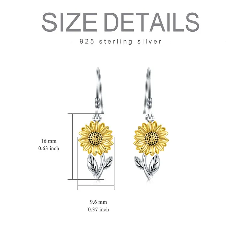 925 Sterling Silver Sunflower Flower Dangle Earrings for Women Girls Teen