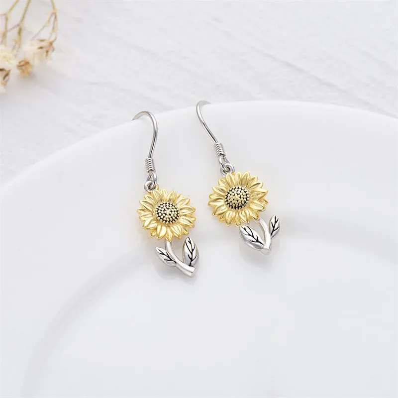 925 Sterling Silver Sunflower Flower Dangle Earrings for Women Girls Teen