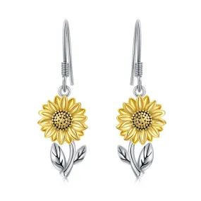 925 Sterling Silver Sunflower Flower Dangle Earrings for Women Girls Teen