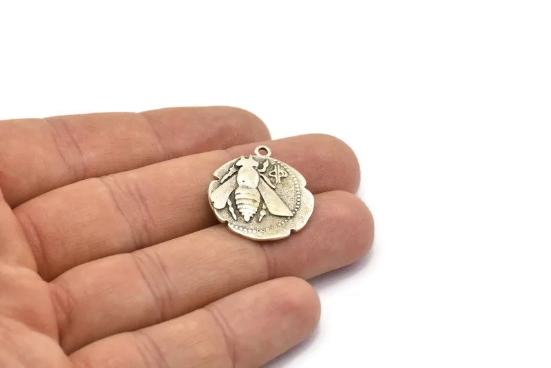 Antique Silver Coin Pendant, 2 Antique Silver Plated Brass Coin Pendants With 1 Loop, Earring Findings, Charms (26x2.4mm) U021 H0424