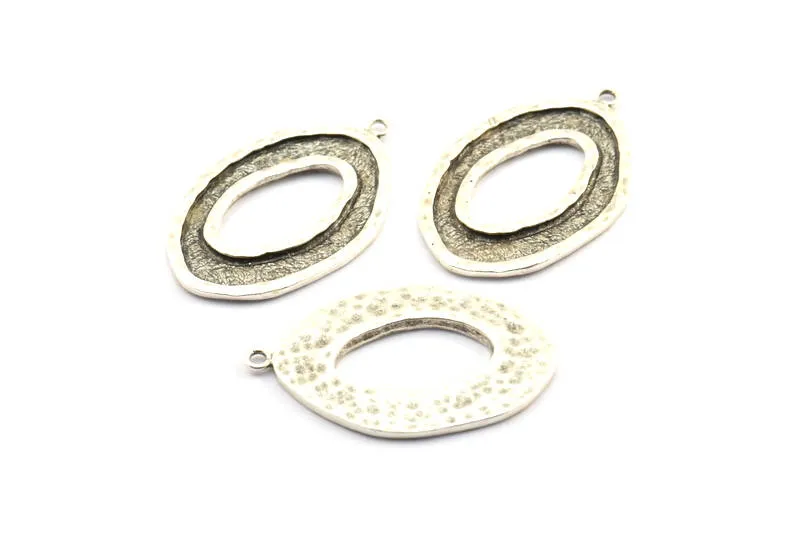 Antique Silver Ellipse Pendant, 2 Antique Silver Plated Brass Hammered Ellipse Pendant with 1 Loop, Earring (39x25x1.7mm) U139 H0432