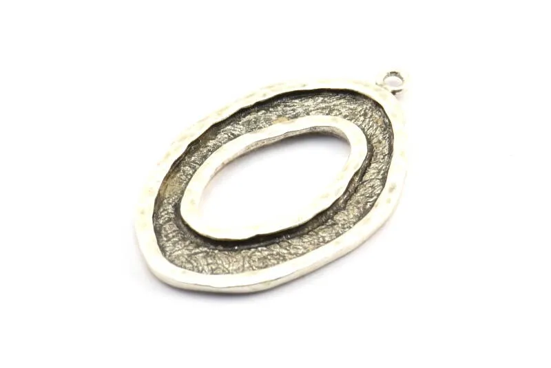 Antique Silver Ellipse Pendant, 2 Antique Silver Plated Brass Hammered Ellipse Pendant with 1 Loop, Earring (39x25x1.7mm) U139 H0432