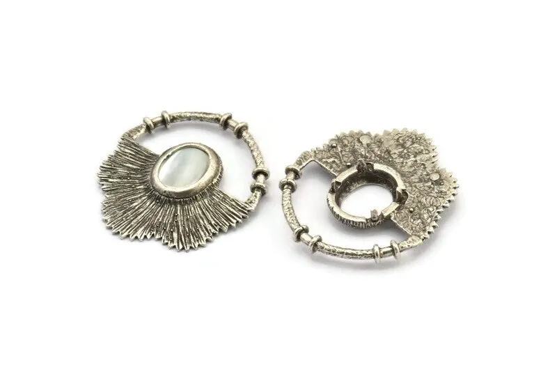 Antique Silver Flower Pendant, 2 Antique Silver Plated Brass Elegant Semi Flower Earring Findings With Pad Setting (36x32mm) BS 1907 H0492