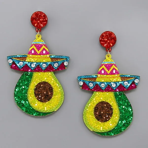 Avocado With Sombrero Glitter Drop Earrings