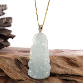 Baikalla 14k Yellow Gold "Goddess of Compassion" Genuine Ice Burmese Jadeite Jade Guanyin Necklace With Gold Diamond Bail