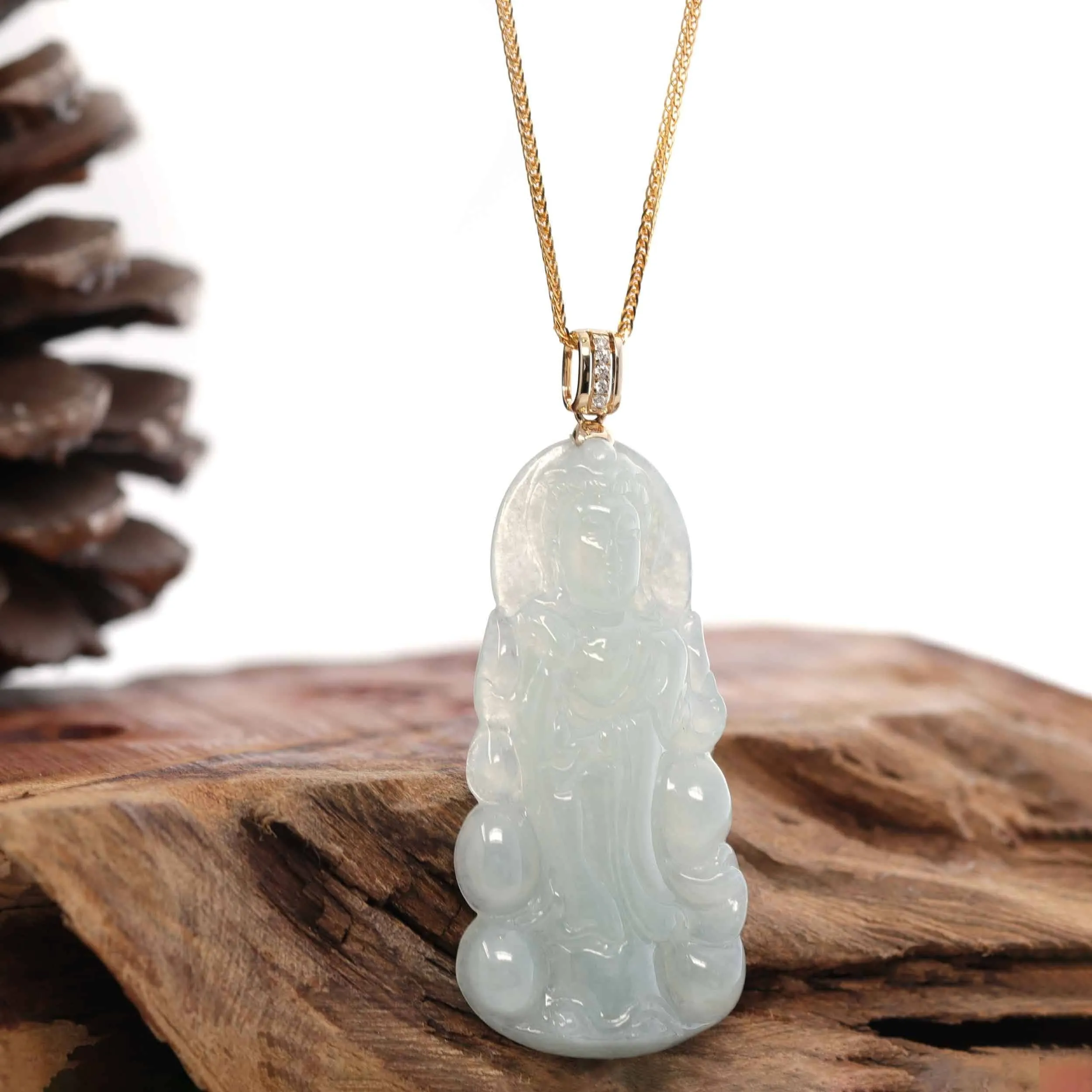 Baikalla 14k Yellow Gold "Goddess of Compassion" Genuine Ice Burmese Jadeite Jade Guanyin Necklace With Gold Diamond Bail