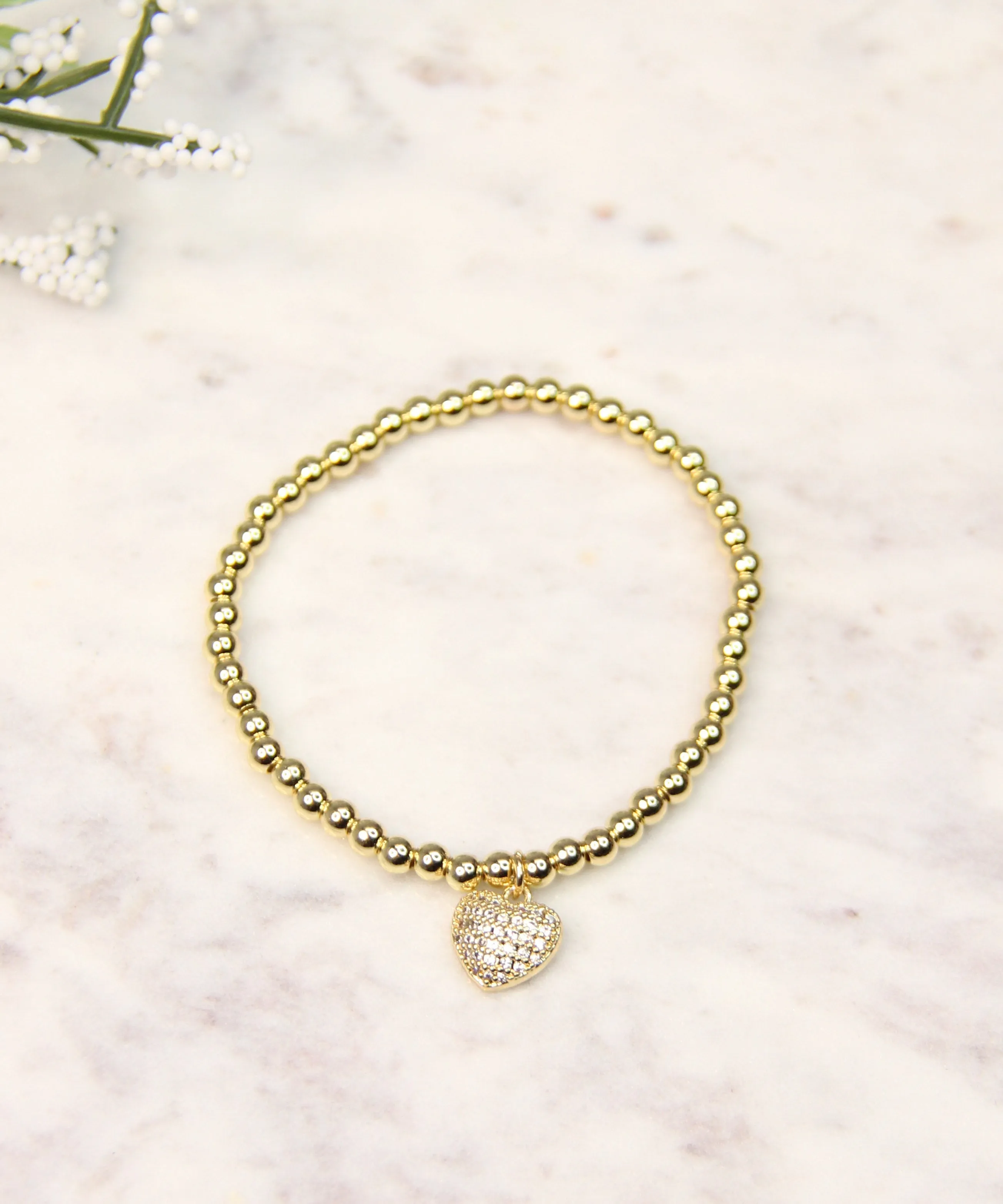 Beaded Bracelet with Pave Heart Charm - Gold