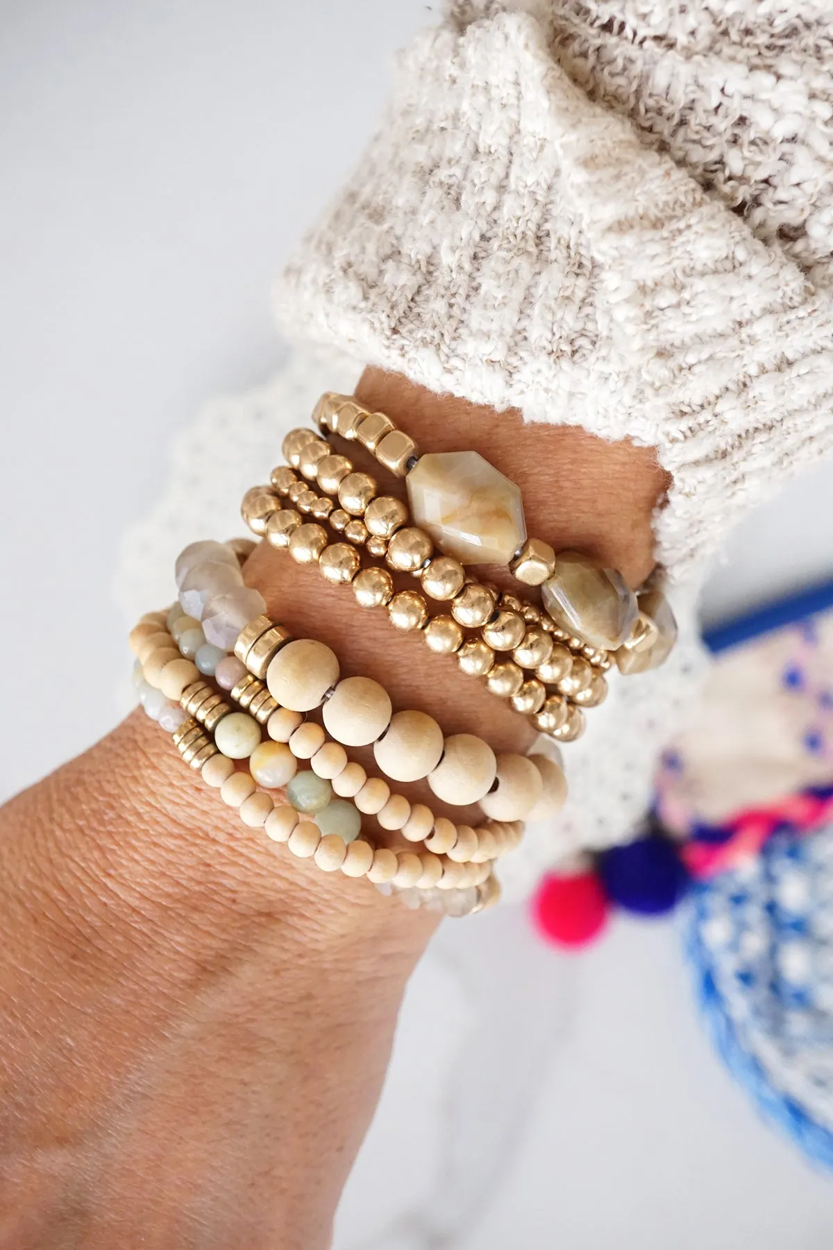 Beaded Bracelets stack of 4 piece with Natural Wood and Semi Precious Amazonite stones glass golden beads