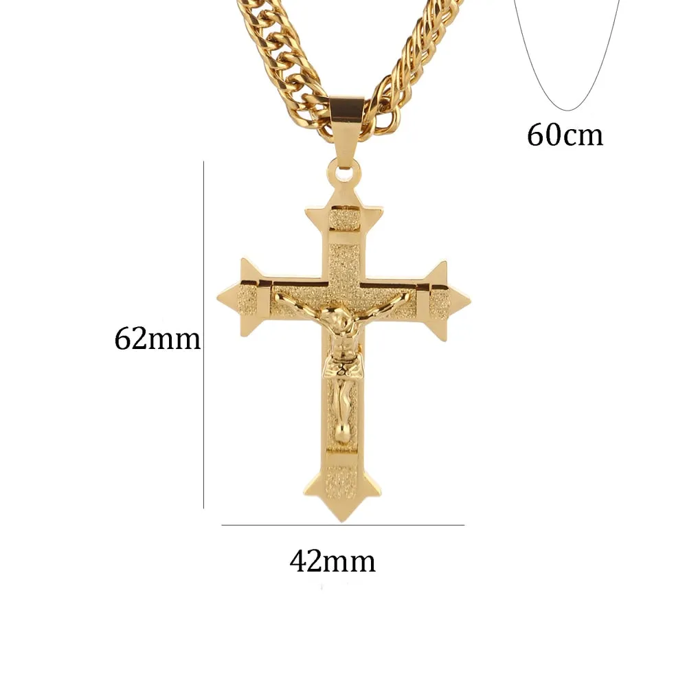 Big Gold-Plated Stainless-Steel Jesus Cross Pendant Necklace 24