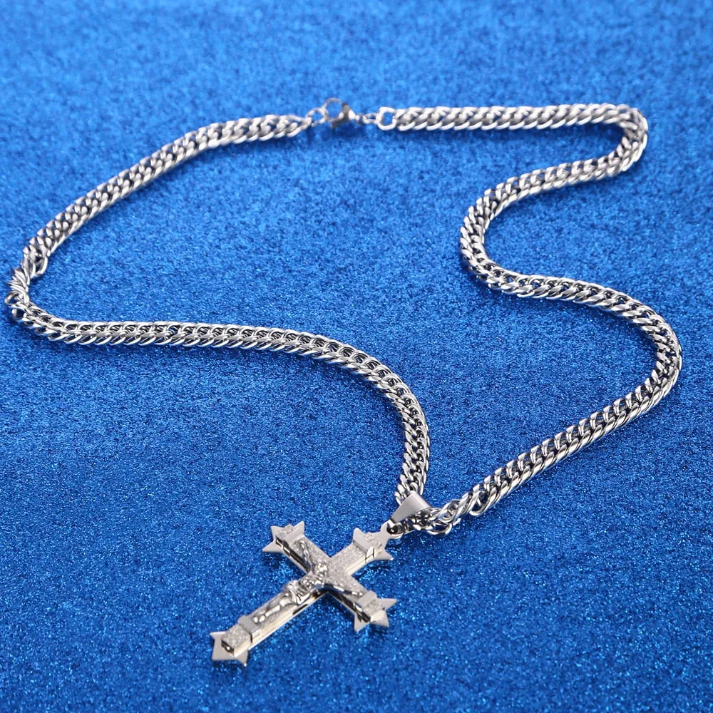 Big Gold-Plated Stainless-Steel Jesus Cross Pendant Necklace 24