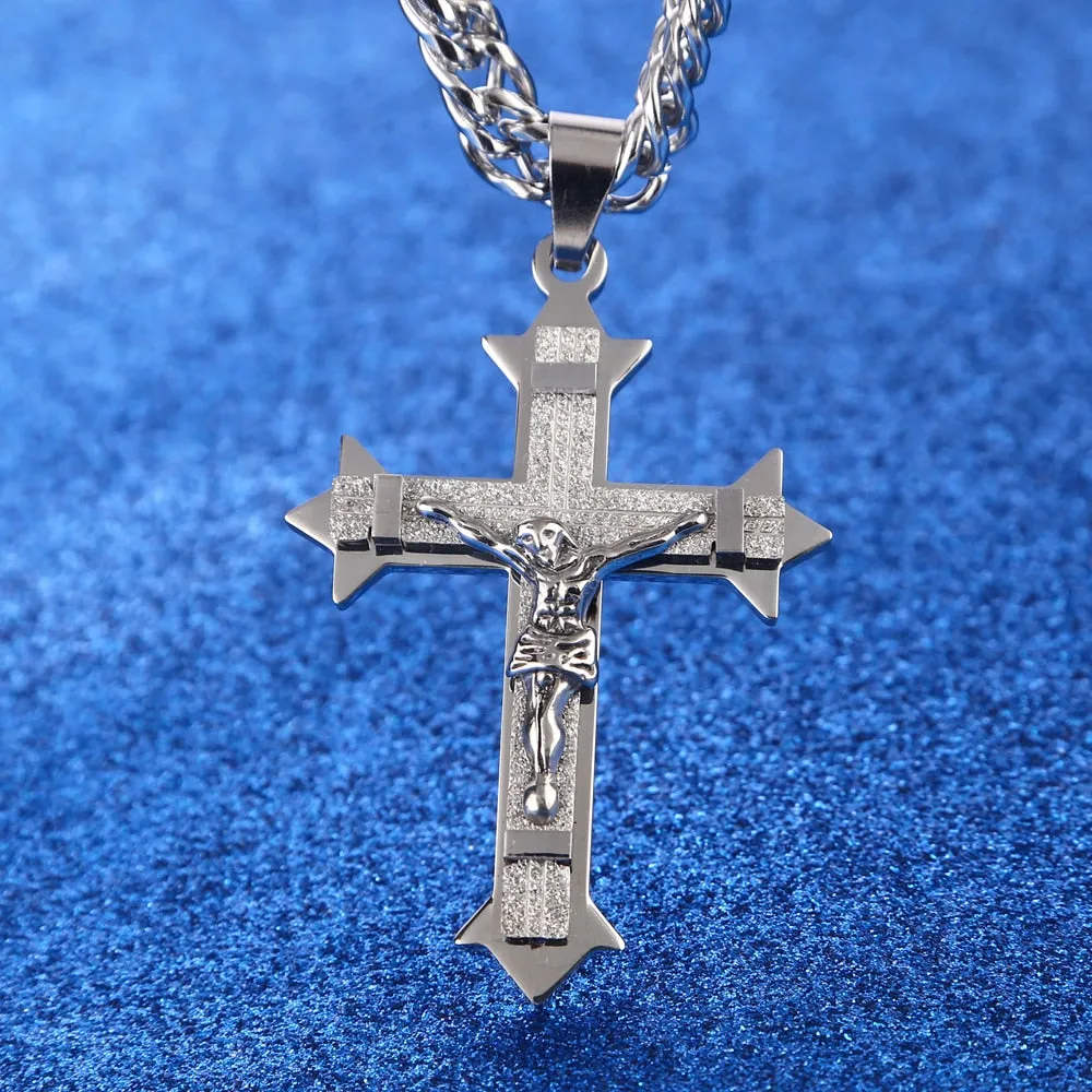 Big Gold-Plated Stainless-Steel Jesus Cross Pendant Necklace 24