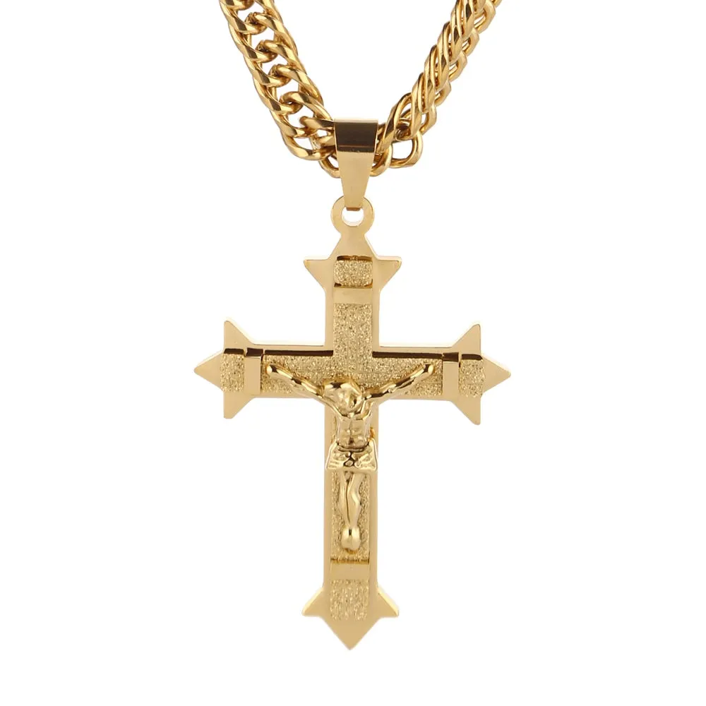 Big Gold-Plated Stainless-Steel Jesus Cross Pendant Necklace 24