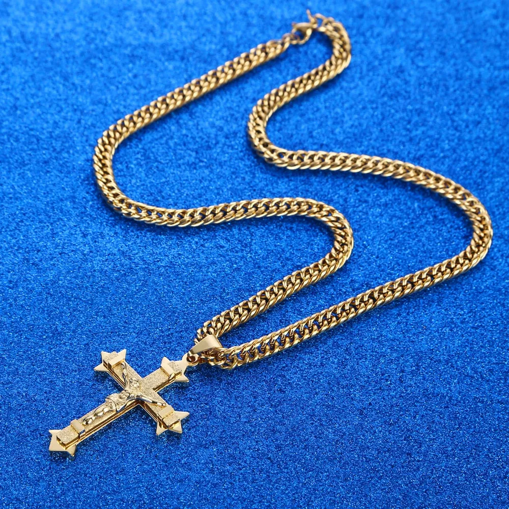 Big Gold-Plated Stainless-Steel Jesus Cross Pendant Necklace 24