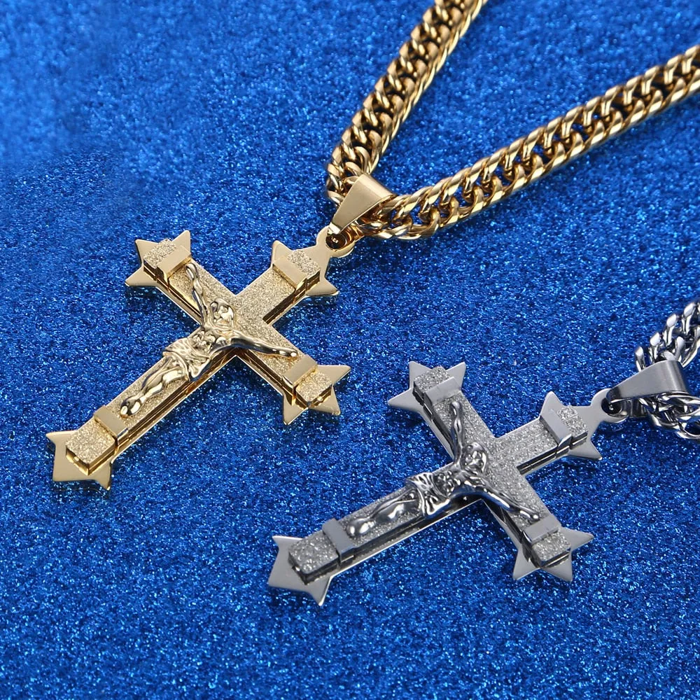 Big Gold-Plated Stainless-Steel Jesus Cross Pendant Necklace 24