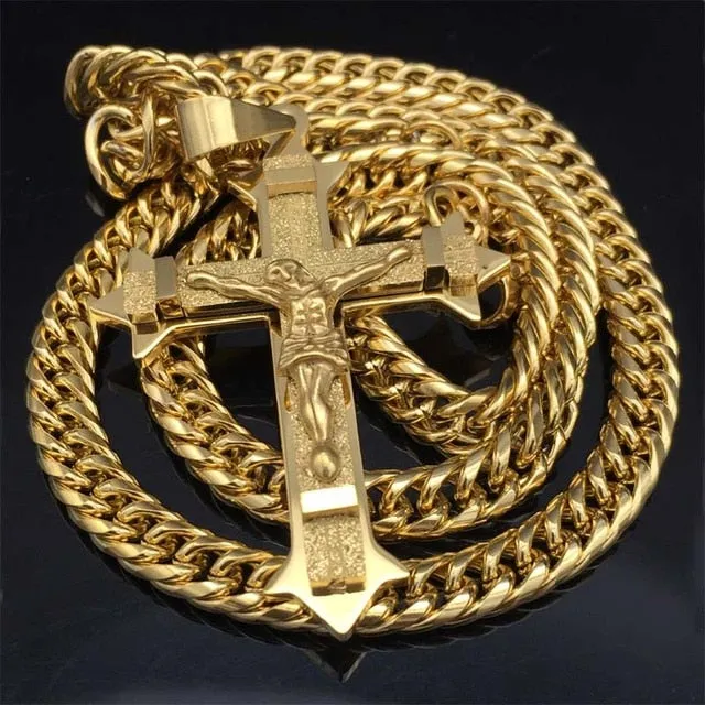 Big Gold-Plated Stainless-Steel Jesus Cross Pendant Necklace 24