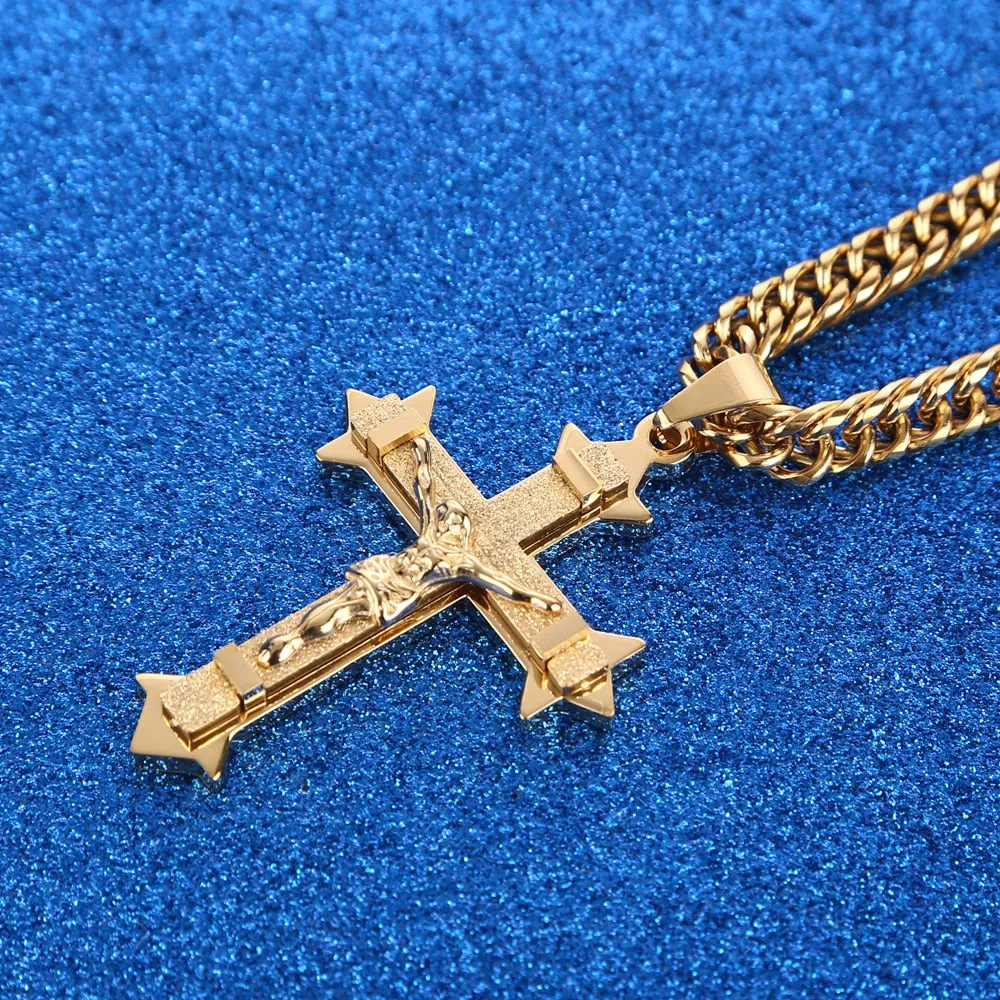 Big Gold-Plated Stainless-Steel Jesus Cross Pendant Necklace 24