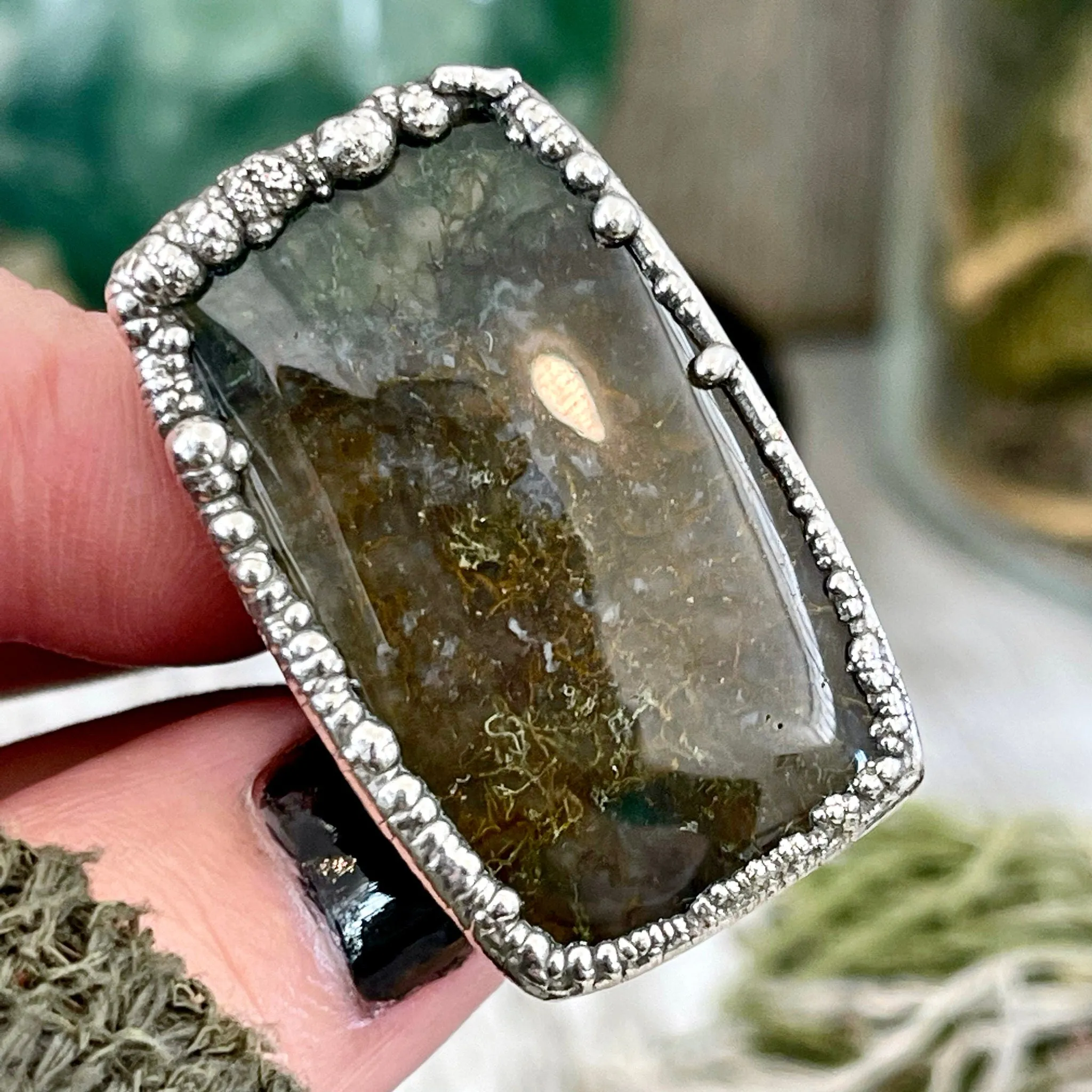 Big Size 6 Silver Natural Fancy Moss Agate Crystal Statement Ring / Foxlark Collection - One of a Kind