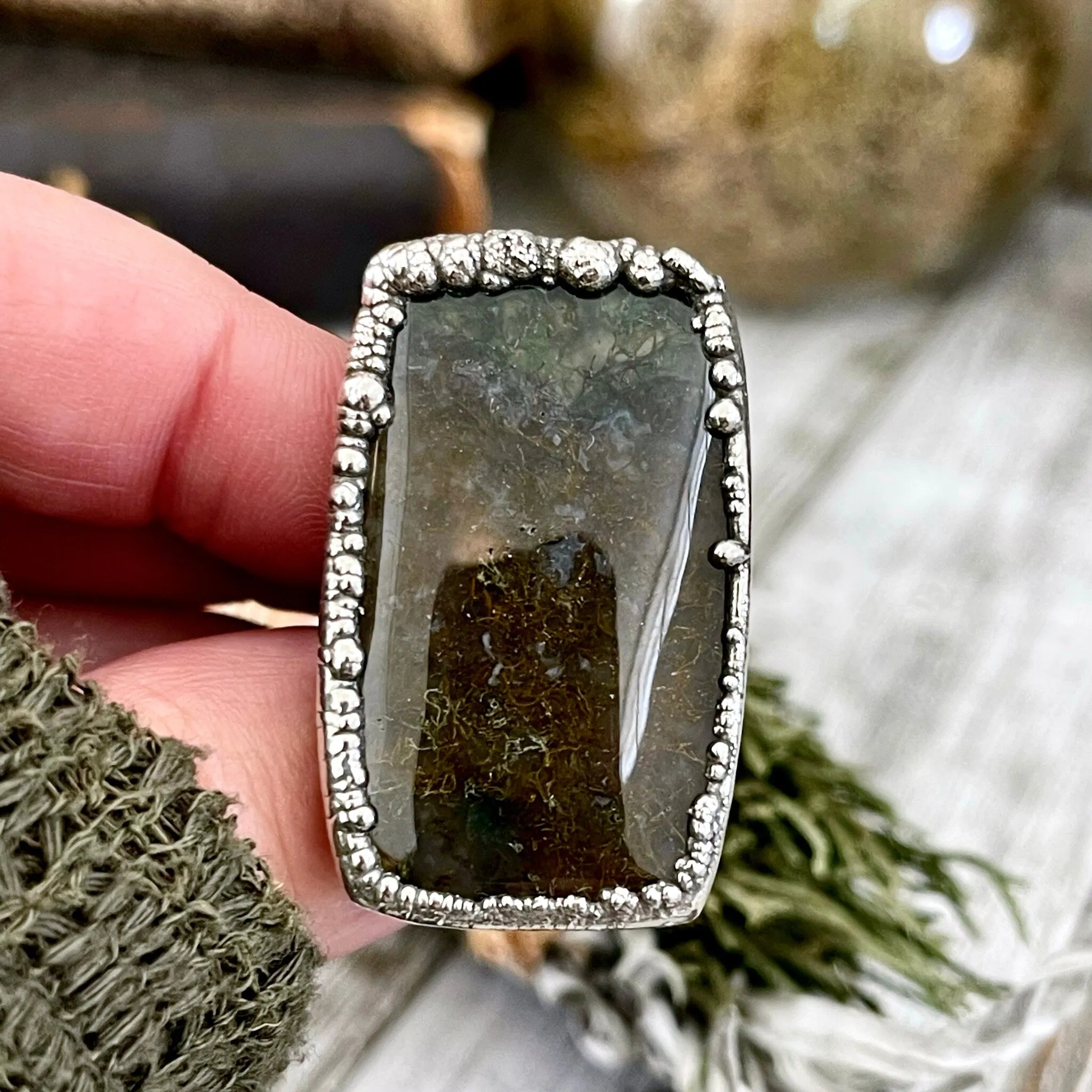 Big Size 6 Silver Natural Fancy Moss Agate Crystal Statement Ring / Foxlark Collection - One of a Kind