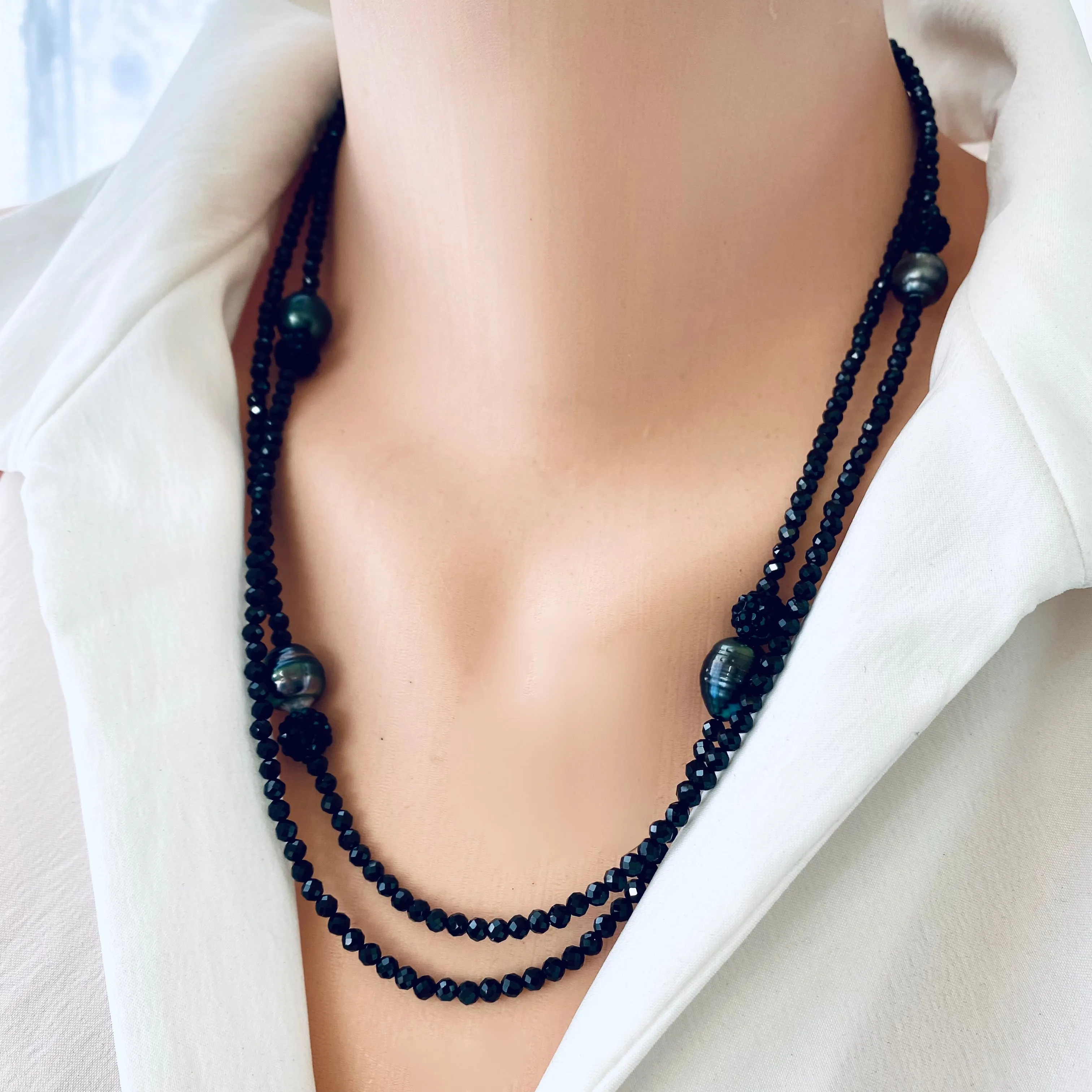 Black Spinel and Tahitian Baroque Pearls Long Beaded Necklace, in 41 or 44inches