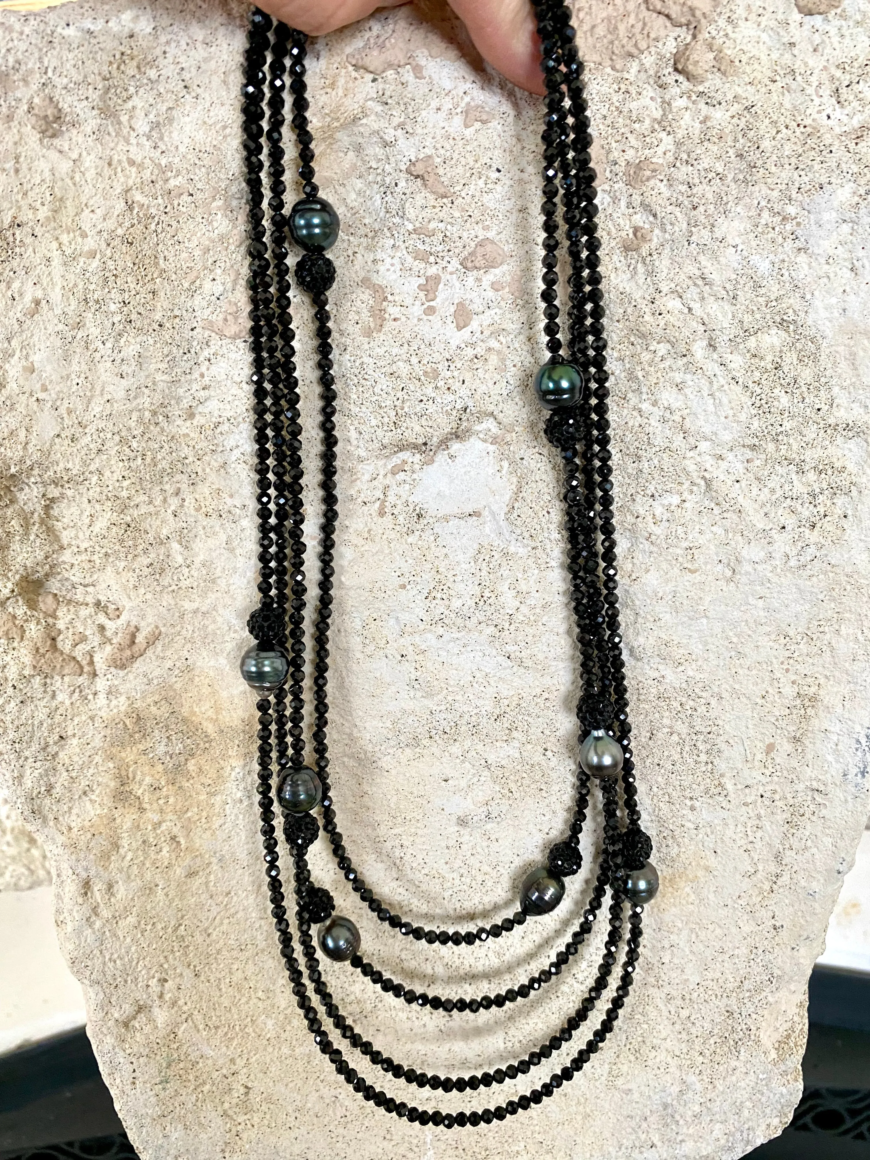 Black Spinel and Tahitian Baroque Pearls Long Beaded Necklace, in 41 or 44inches