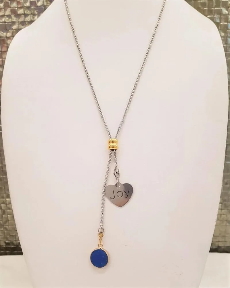 Blue Agate with Joy Affirmation Slider Necklace 2 Tone