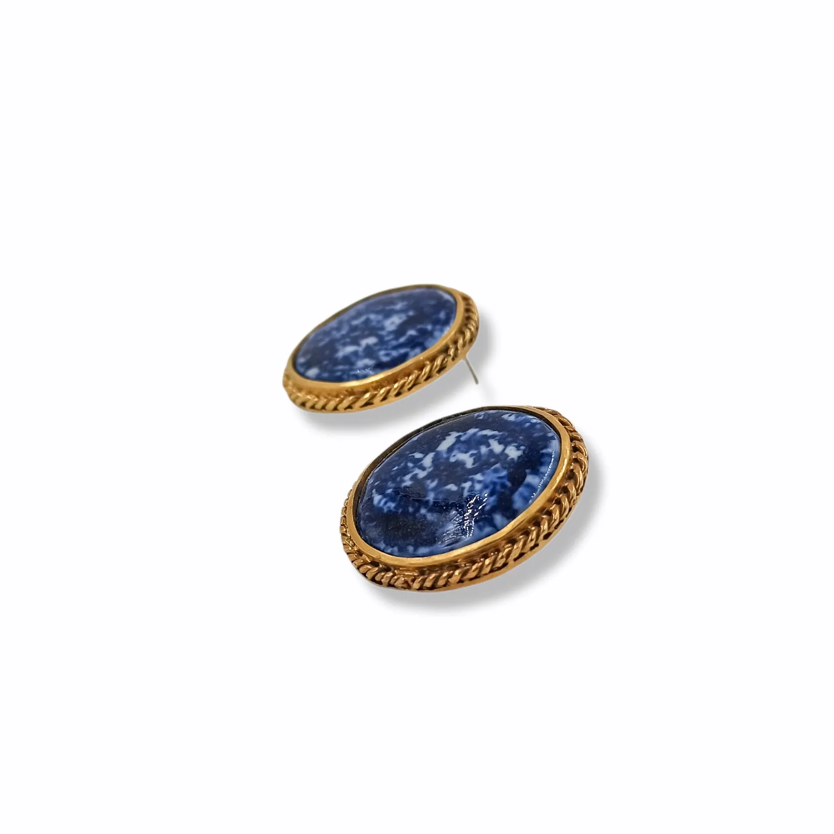 Blue porcelain and gold stud earrings "Braided Crown"