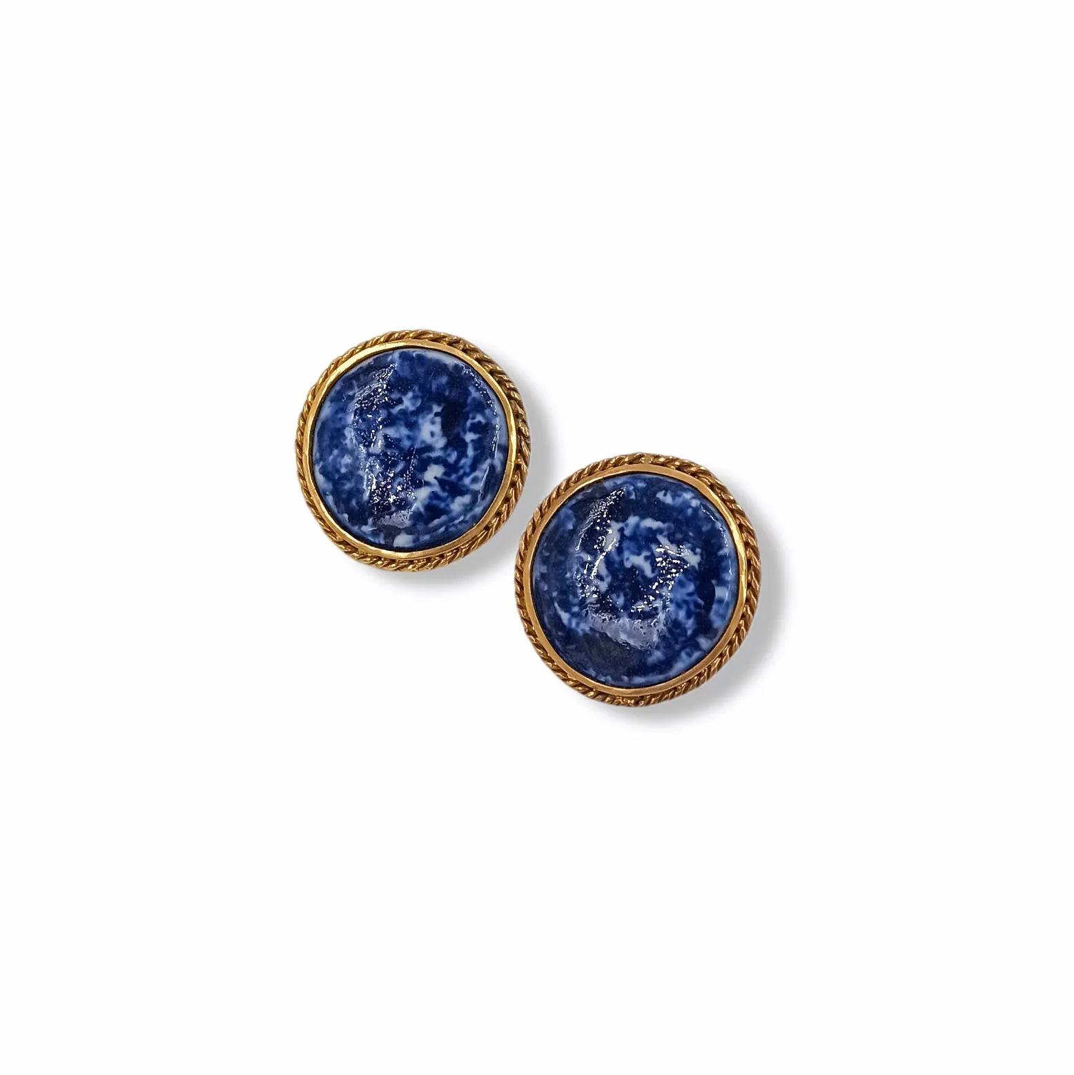 Blue porcelain and gold stud earrings "Braided Crown"