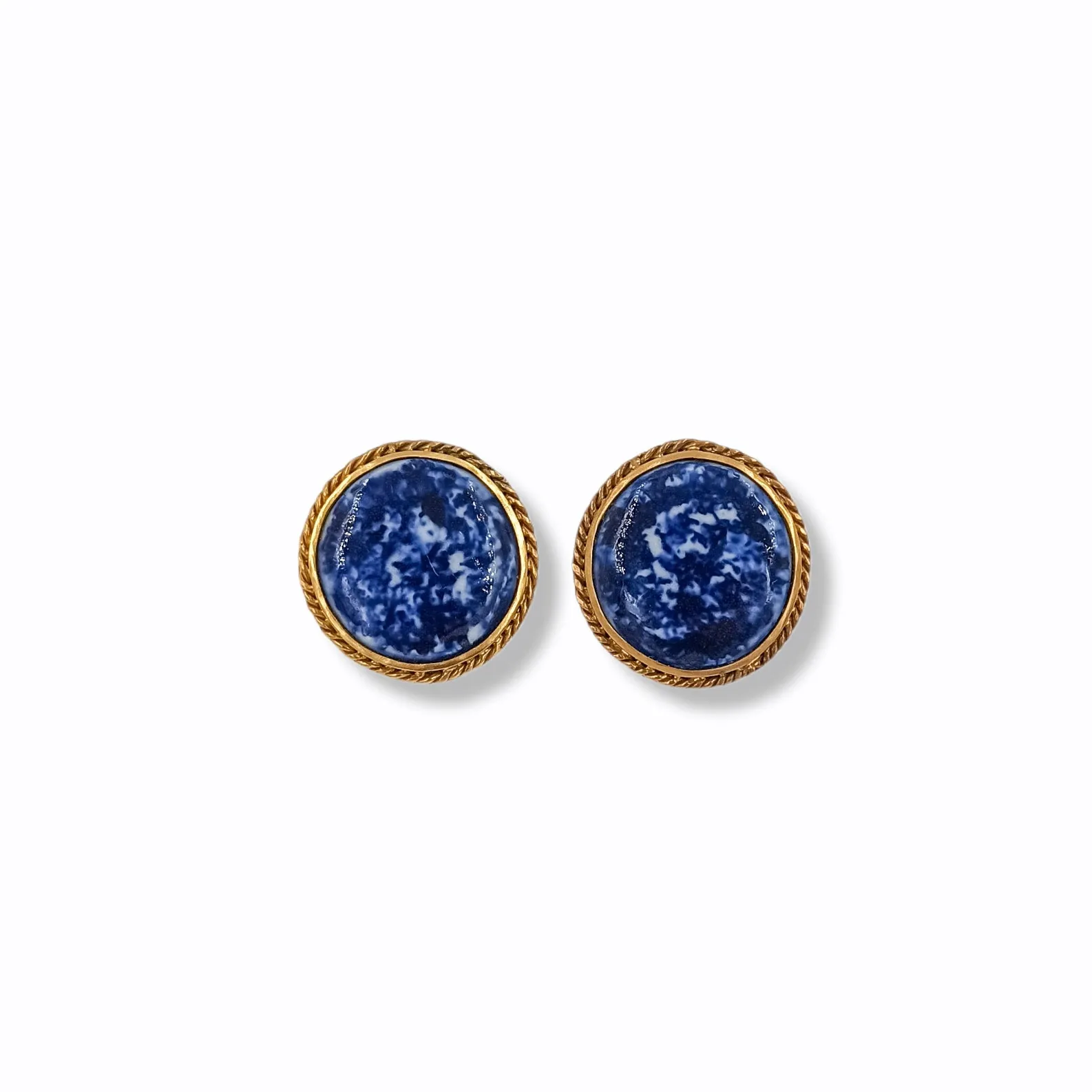 Blue porcelain and gold stud earrings "Braided Crown"