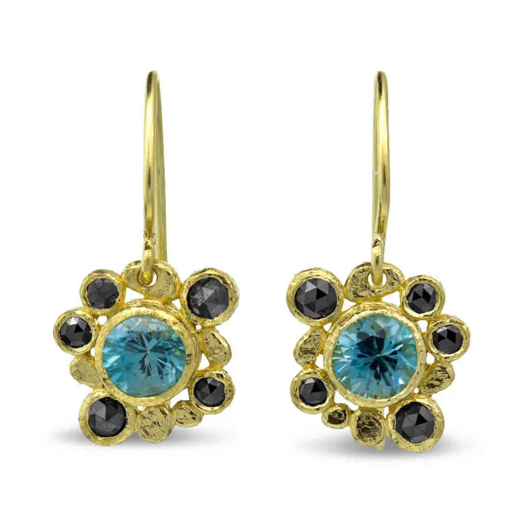 Blue Zircon Earrings with Black Diamonds