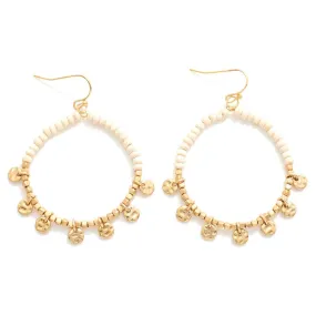 Boho Ivory Wooded Beads Drop Hoop Earrings Featuring Gold Tone Charms