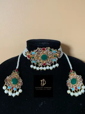 C219 Obaida kundan choker set in navratan ( READY TO SHIP)