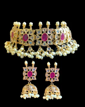 C230 Vaani Hyderabadi jadau choker / guluband / jadavi lacha in pearls   with jhumka (READY TO SHIP)