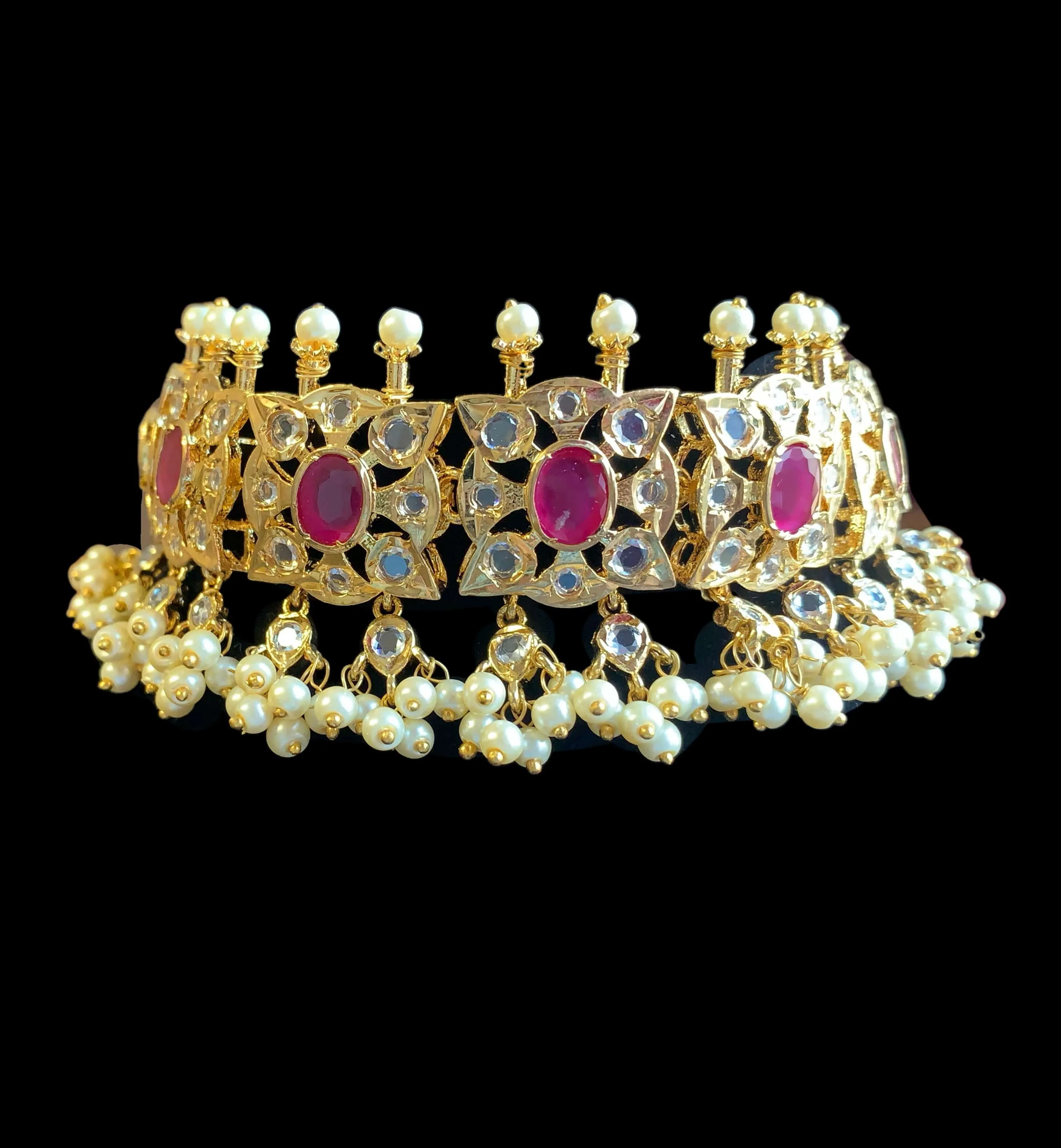 C230 Vaani Hyderabadi jadau choker / guluband / jadavi lacha in pearls   with jhumka (READY TO SHIP)