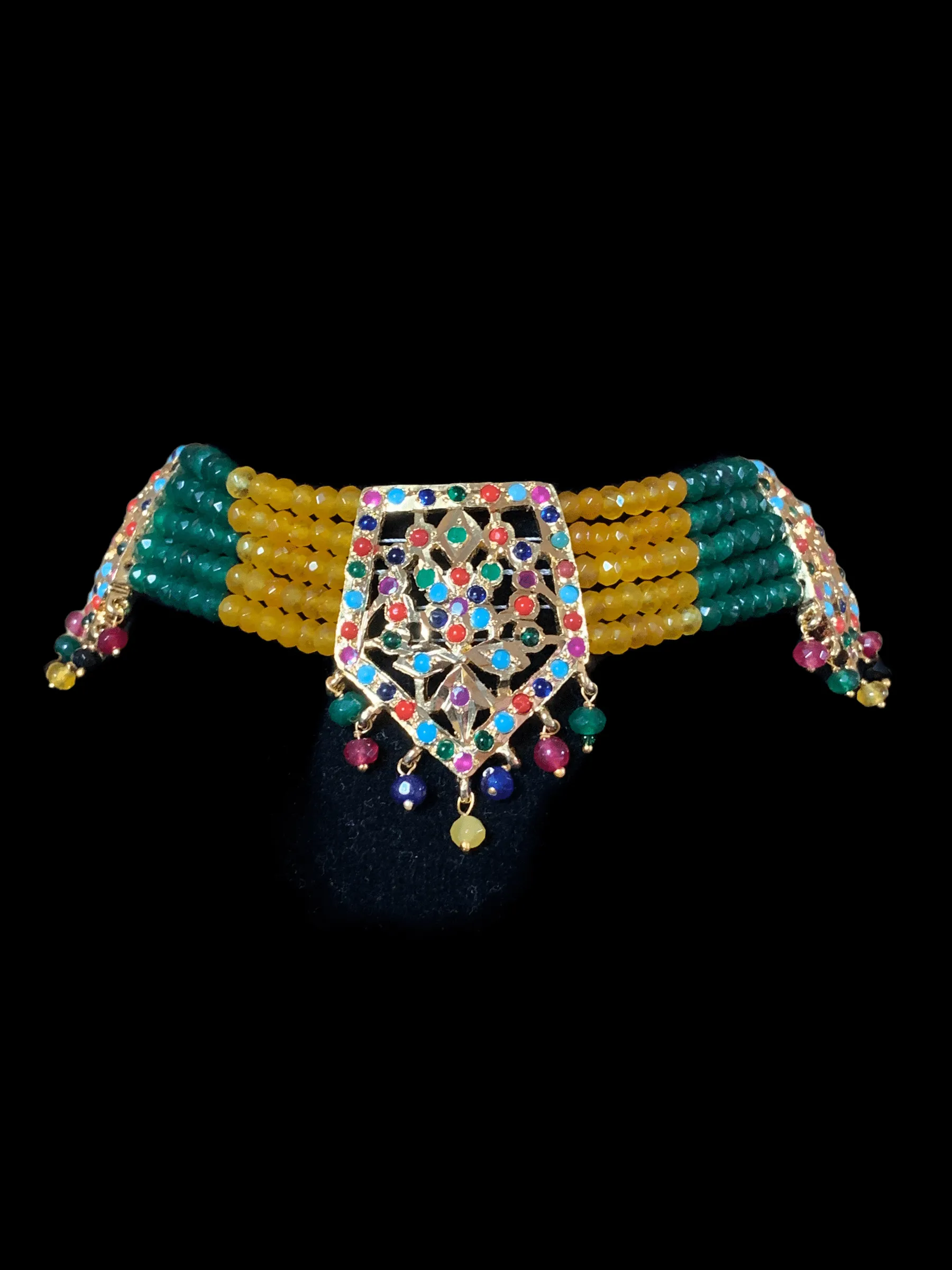 C88 Indu Hyderabadi Jadau choker with earrings In Navratan beads ( READY TO SHIP)