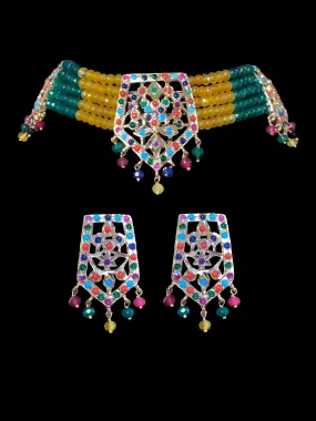 C88 Indu Hyderabadi Jadau choker with earrings In Navratan beads ( READY TO SHIP)