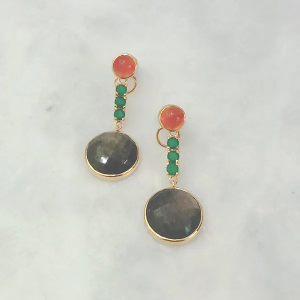 Carnelian Stud with Green Agate & Black Obsedian Twinset Earrings