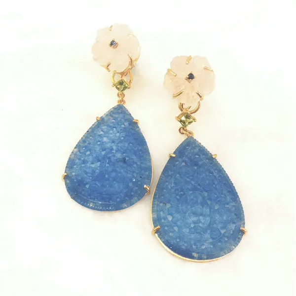 Carved Rose Quartz & Blue Sapphire Stud with Peridot & Carved Blue Jade Twinset Earrings