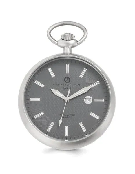 Charles Hubert Open Face Tritium Quartz Pocket Watch - Stainless Steel