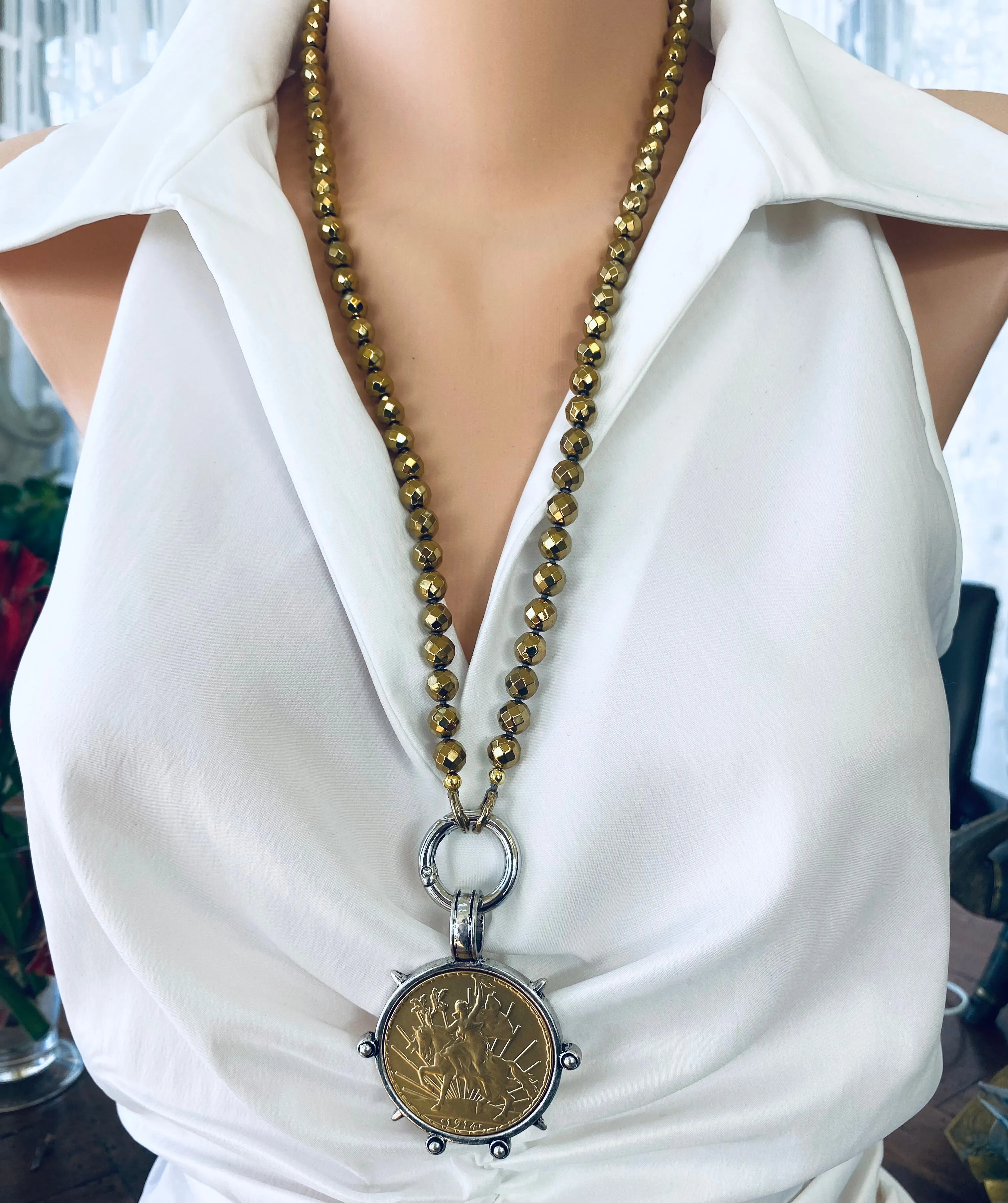 Chunky Gold Hematite Beads and Repro Mexican Peso Coin Pendant Necklace, 28inches