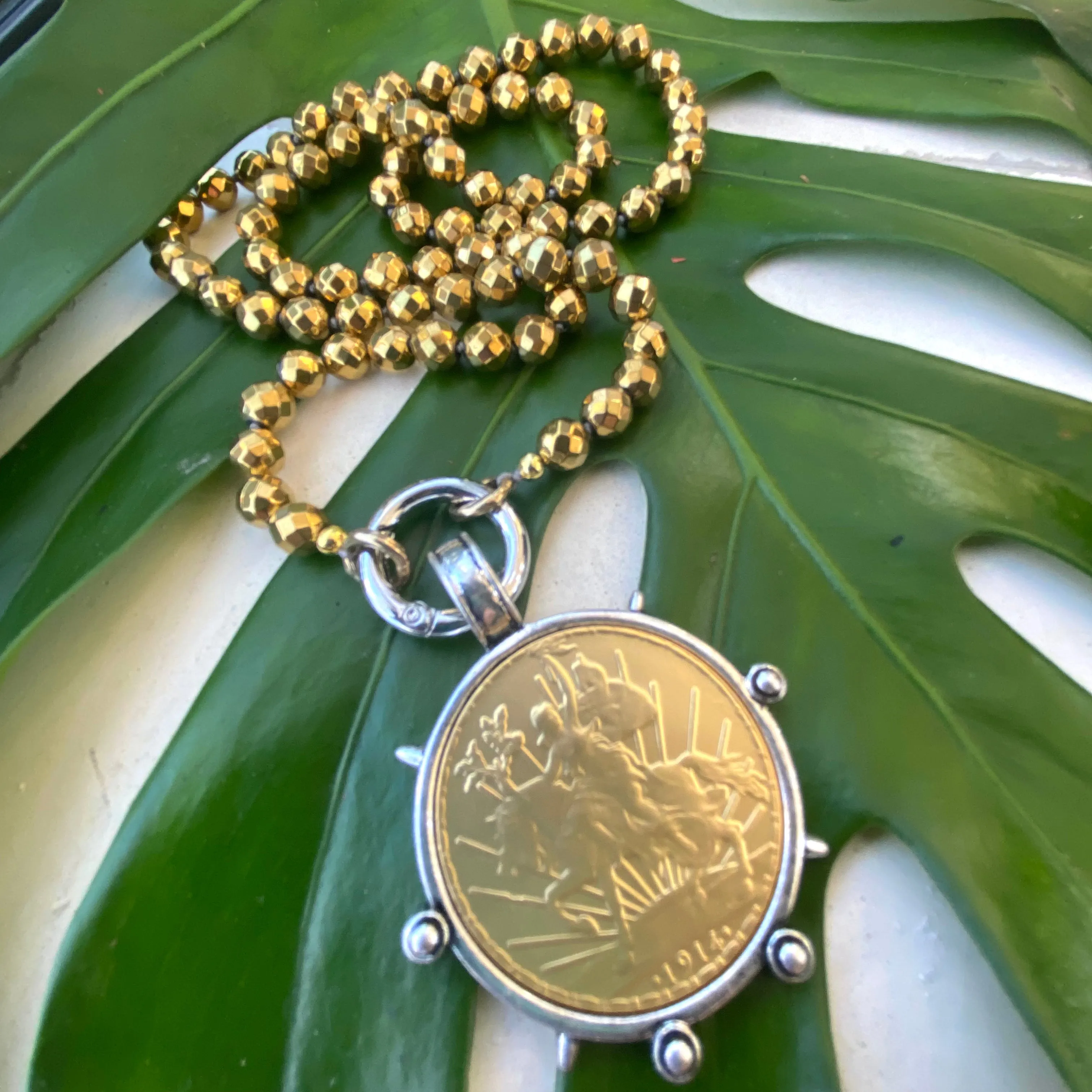 Chunky Gold Hematite Beads and Repro Mexican Peso Coin Pendant Necklace, 28inches