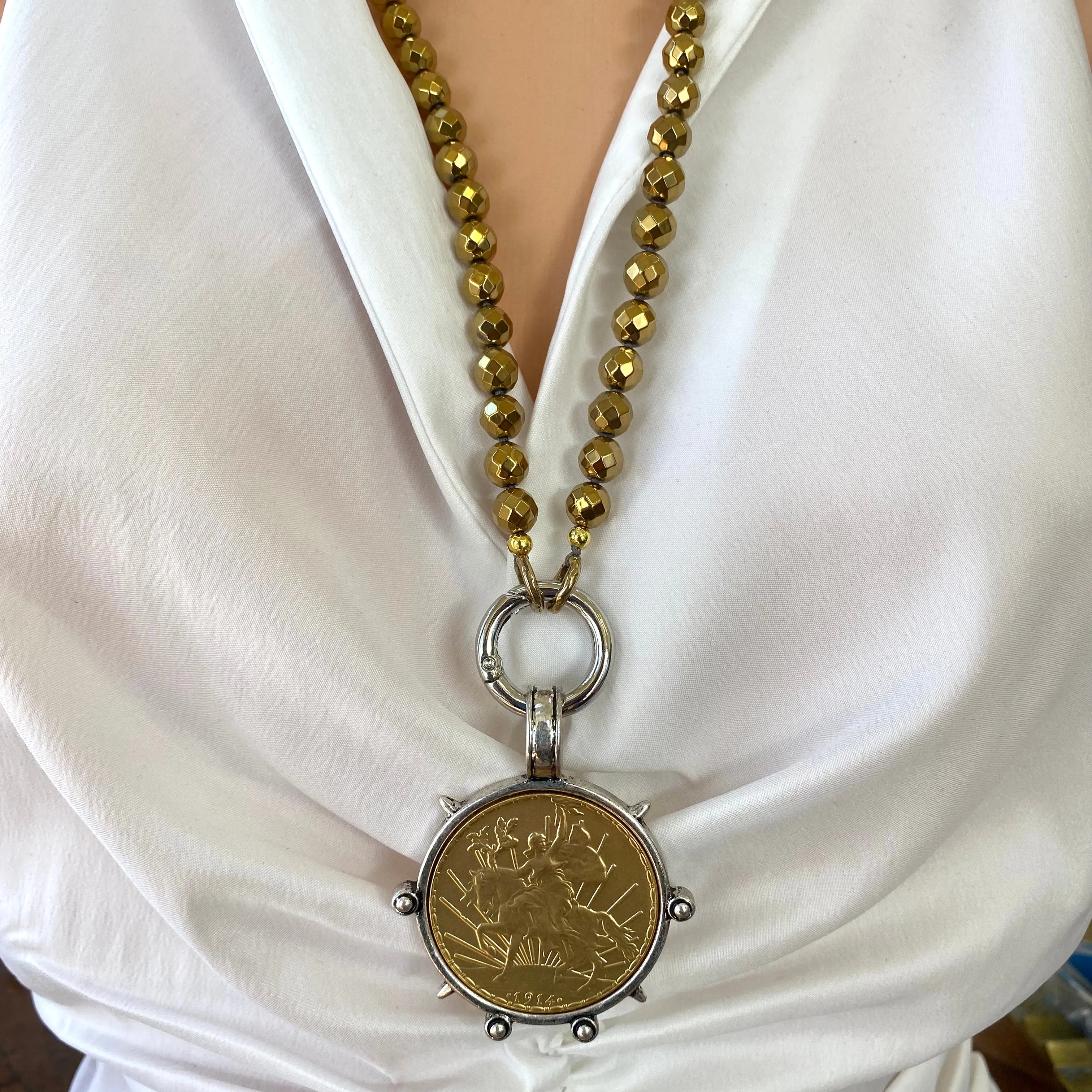 Chunky Gold Hematite Beads and Repro Mexican Peso Coin Pendant Necklace, 28inches