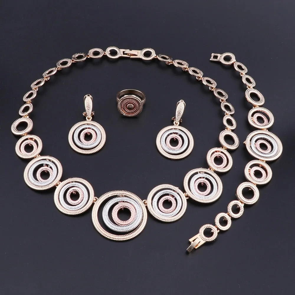 Concentric Rings Necklace, Bracelet, Earrings & Ring Wedding Statement Jewelry Set