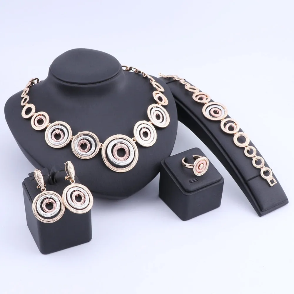 Concentric Rings Necklace, Bracelet, Earrings & Ring Wedding Statement Jewelry Set