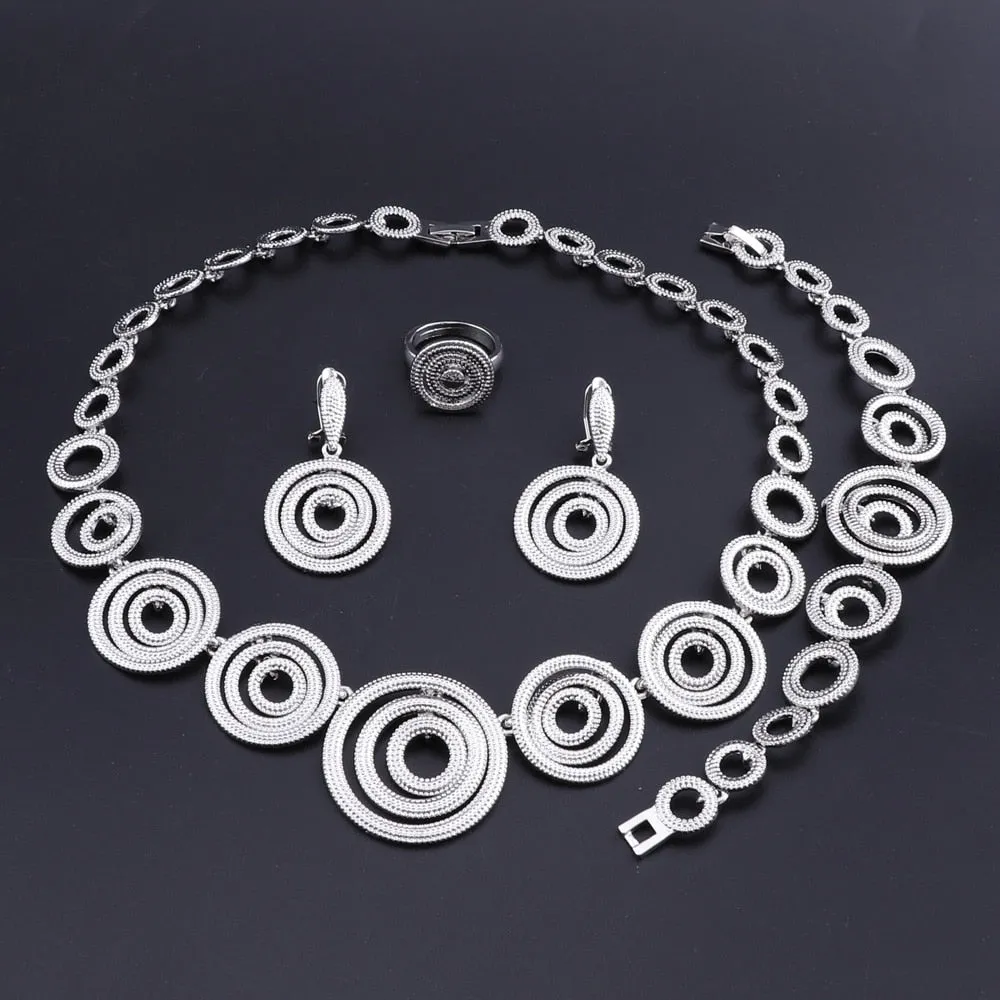 Concentric Rings Necklace, Bracelet, Earrings & Ring Wedding Statement Jewelry Set