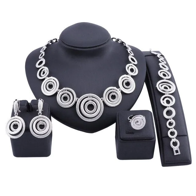 Concentric Rings Necklace, Bracelet, Earrings & Ring Wedding Statement Jewelry Set